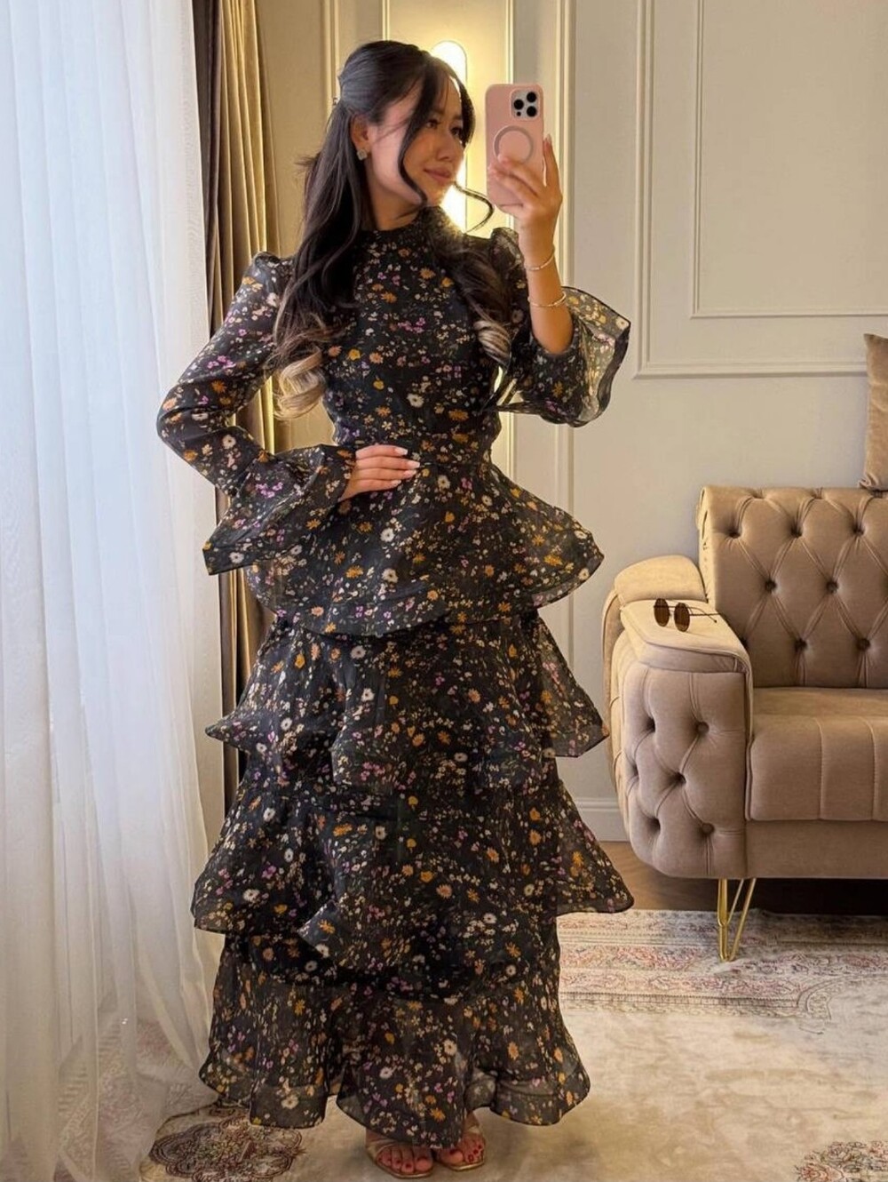 Casual Printed Long Bow Dress Women Chic V-Neck Short Puff Sleeve Waist-Closed